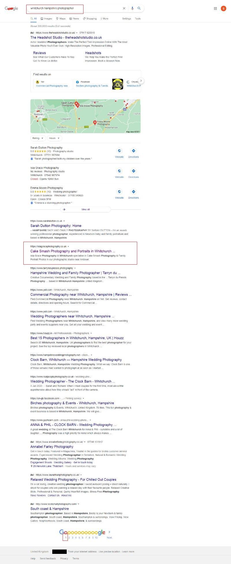 Lush Domain Website Designer in Surrey - Isla Grace Photography's Project's 1st Page Google Result